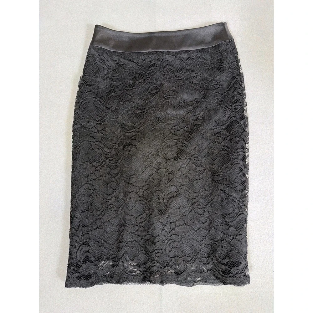 Roz & Ali Womens Black Floral Lace Pencil Skirt‎ Satin Trim Size 8 Knee Length